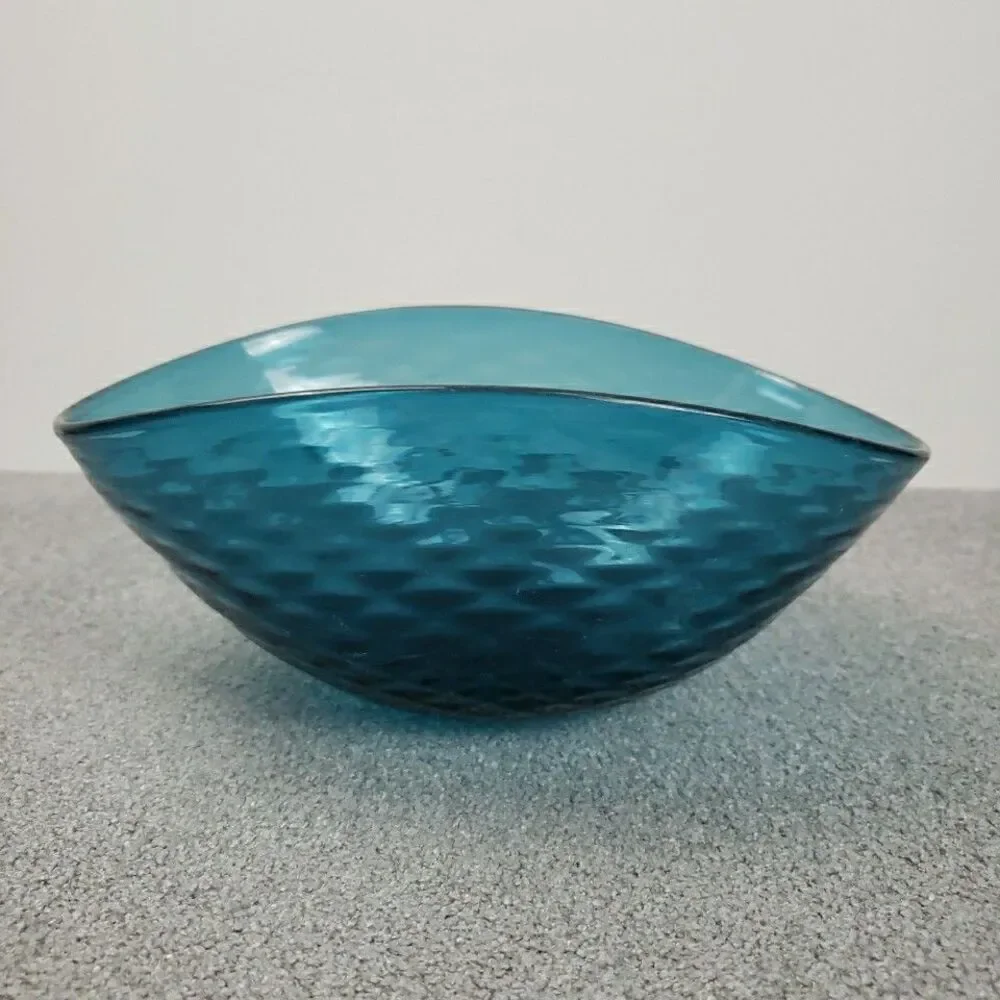 Blue Glass Bowl Diamond Optic Empoli Centerpiece Mid Century VTG